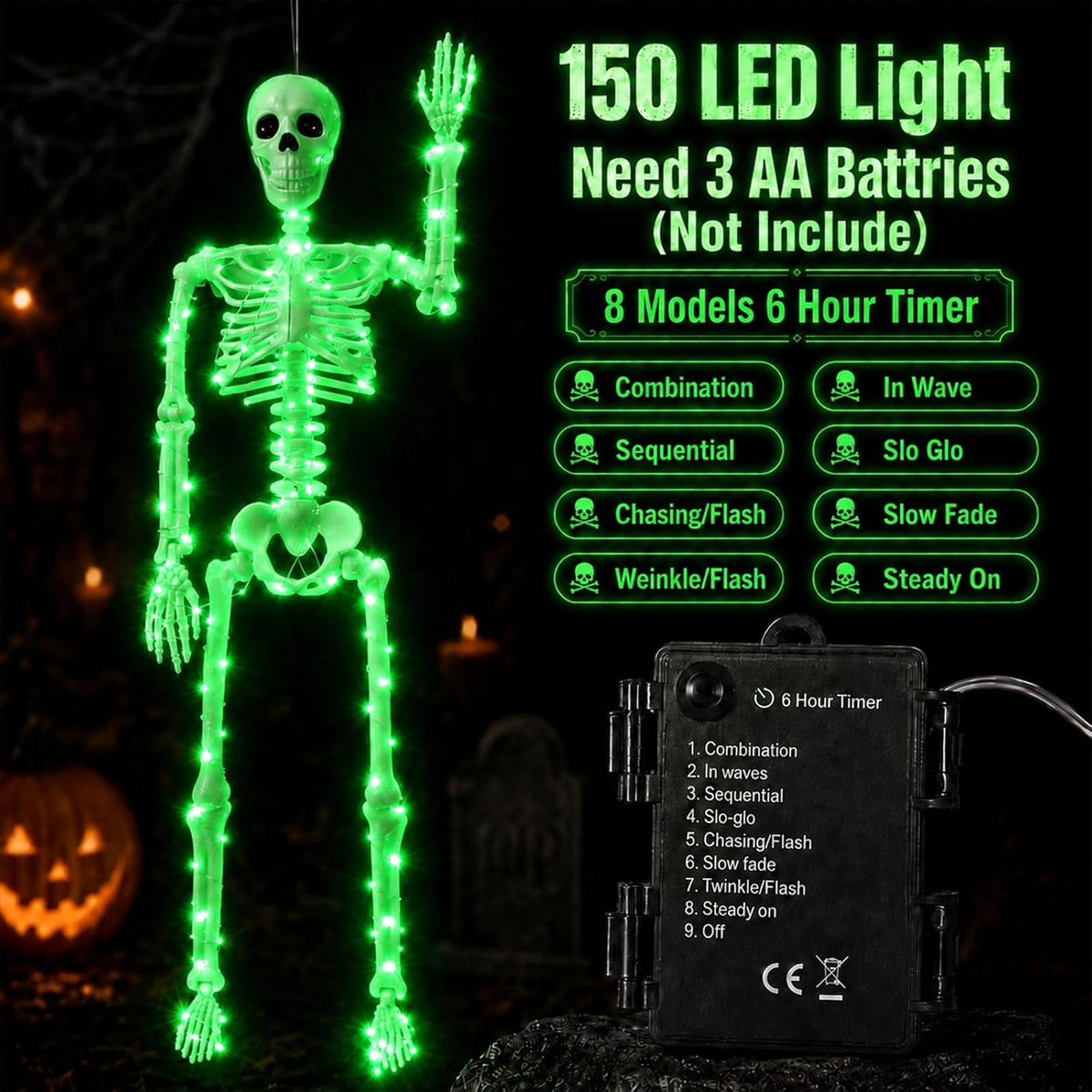 2Pack36 Halloween Light up Skeleton Deco(350 Green Lights,6H autoโOff)