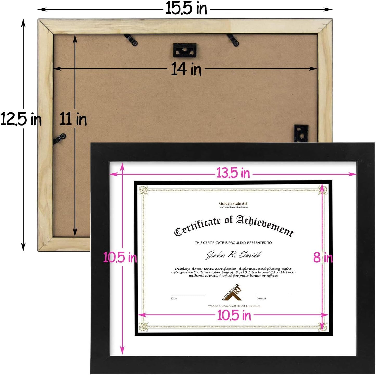 Golden State Art 11x14 Diploma Frame for 8.5x11 Document,Solid Wood/Glass | Fit For 11X14 Document & Certificates Without Mat,Double Mat(White With Black) ,Black ,1 Pack