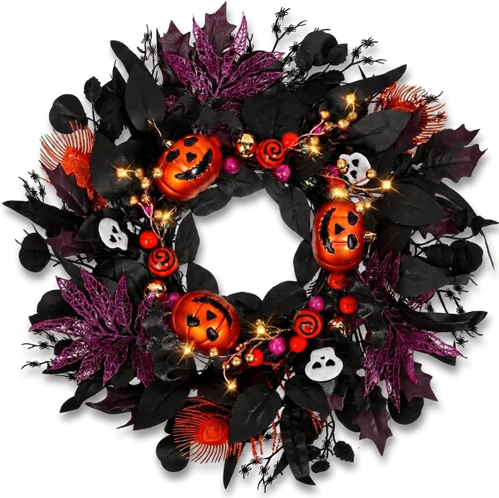Halloween Wreath for Front Door, 24" Black Gothic Spooky Outdoor Dรฉcor