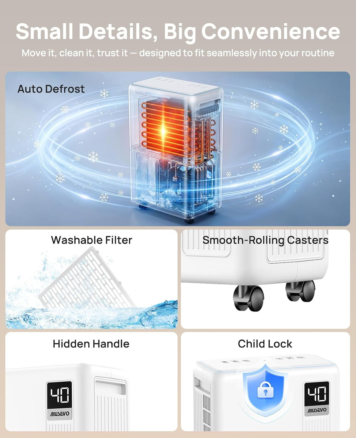26-pint dehumidifier, dehumidifier for basement with drain hose, front angle view