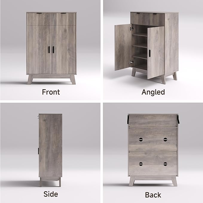 Fluted Shoe Cabinet, 4-Tier Mid Century Modern Narrow Shoe Storage Cabinet - Image 9
