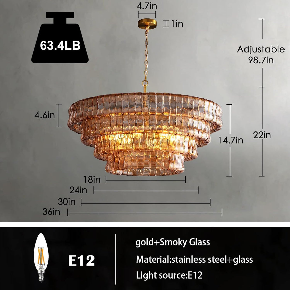 YIOSI Large Chandelier, 36" Gold Chandelier for Dining Room, 6-Light Rou...