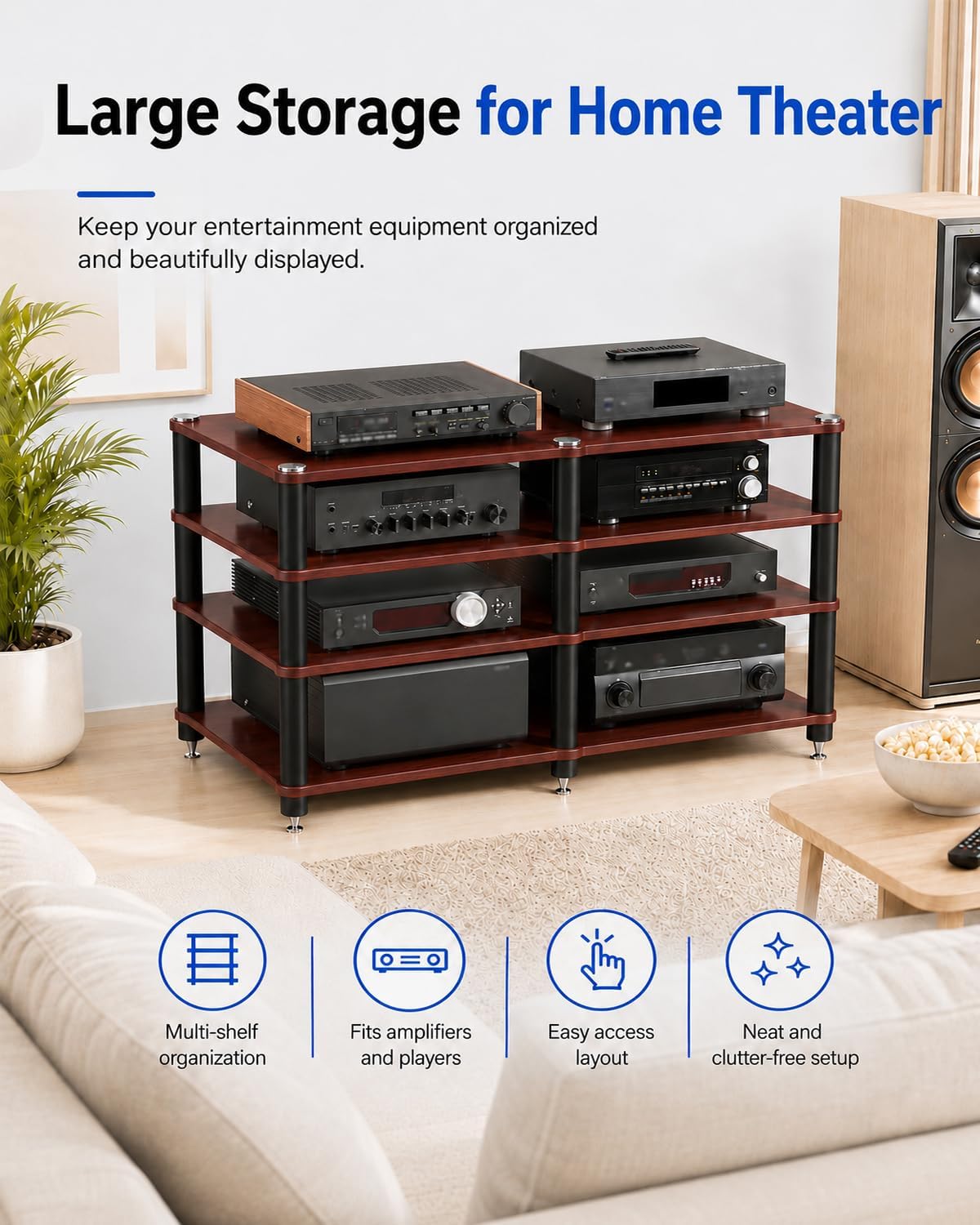4 Tier Heavy Duty AV Media Stand, Stereo Stands and Racks, Teak