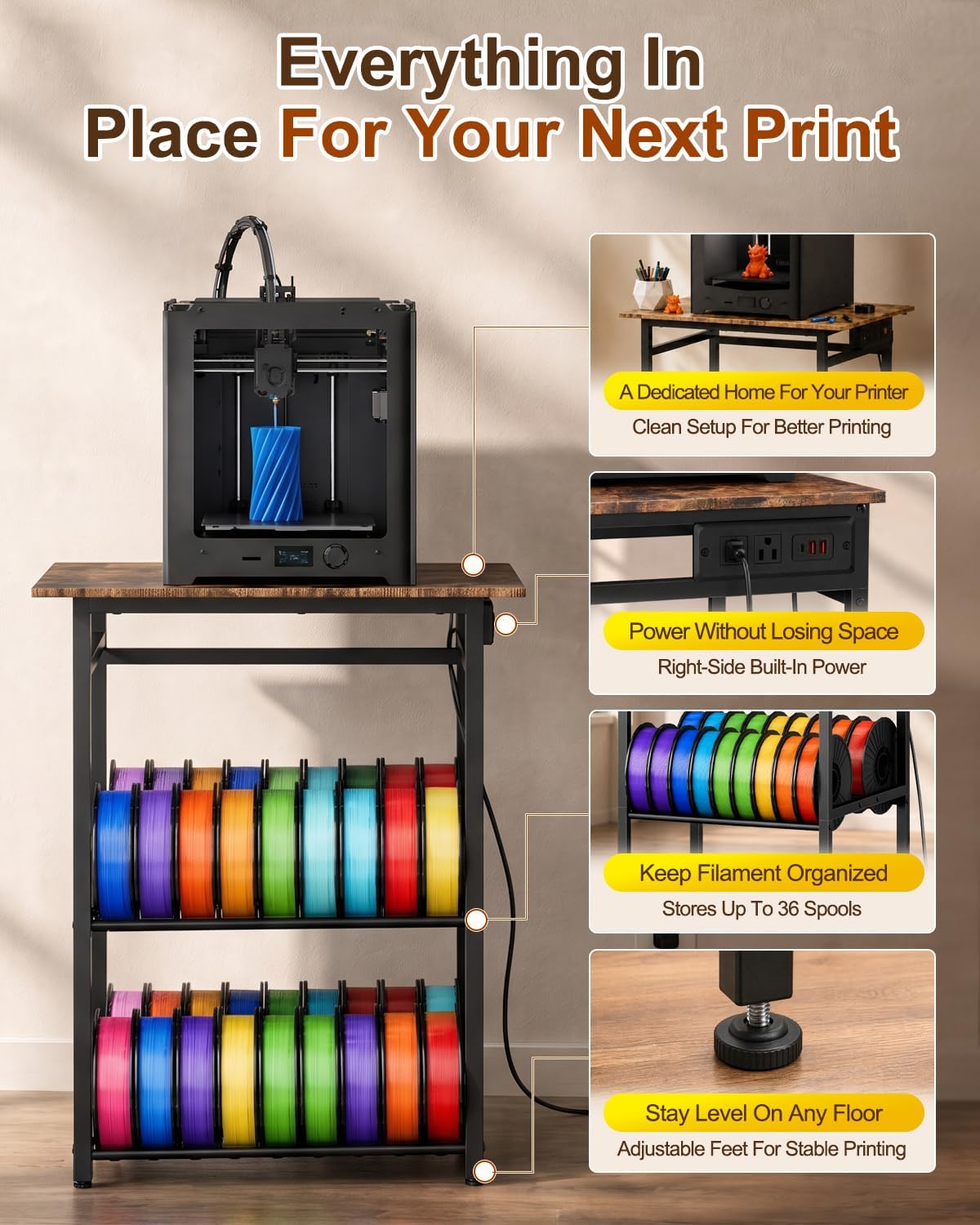 3D Printer Stand with Filament Storage - Heavy Duty Metal 3D Printer Table wi...