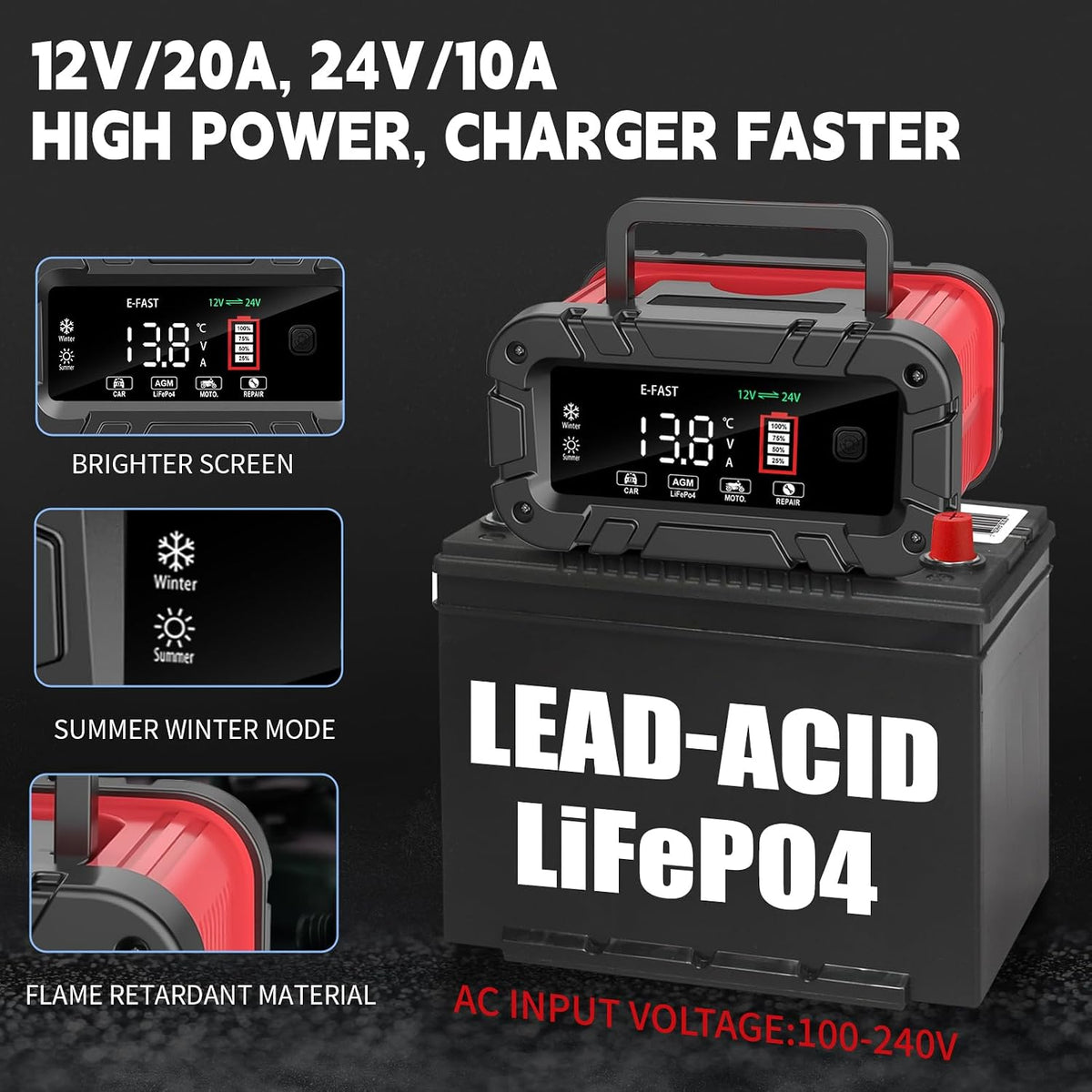 E-FAST Battery Charger 0-20A 12/24V Lifepo4 Lead Acid Automatic Smart Car Bat...