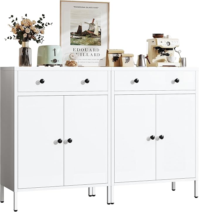 Metal Storage Cabinet with Drawer and Adjustable Shelf, 2-Piece Set White Steel - Image 9