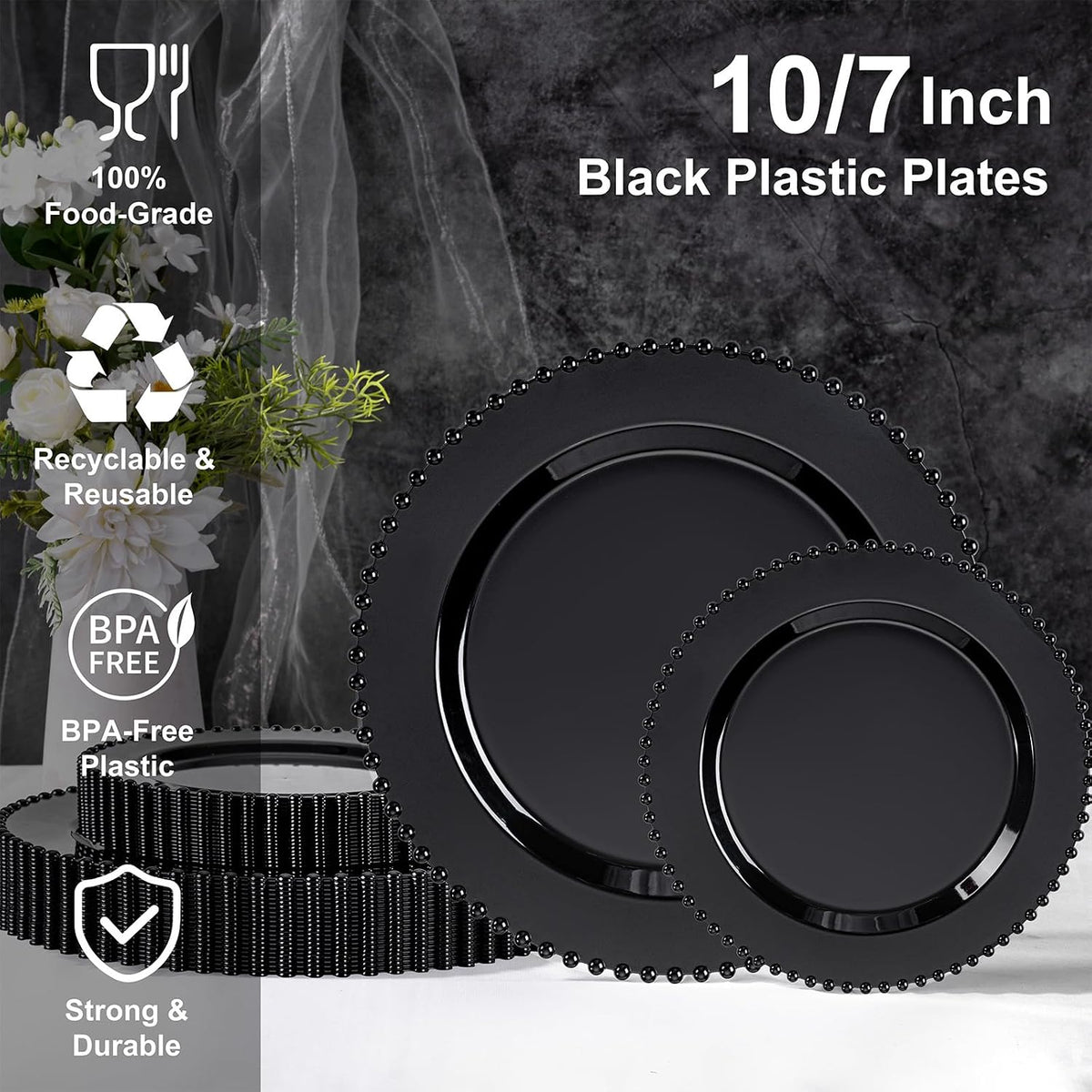 U-QE 60PCS Black Plastic Plates - Halloween Black Disposable Plates