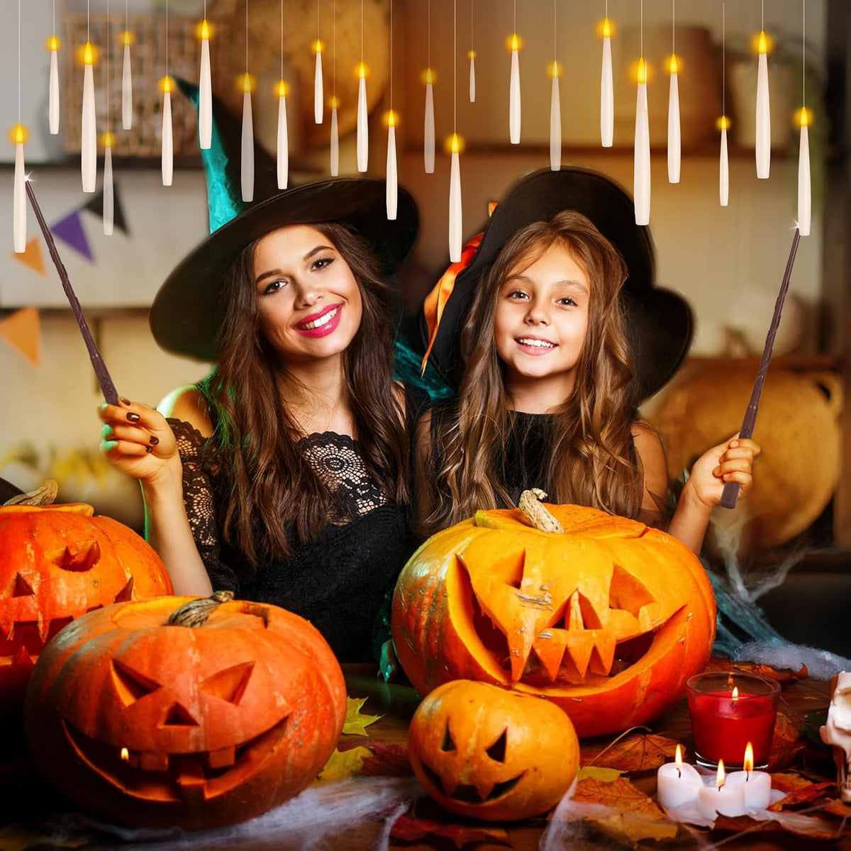 24Pcs Floating Candles with 2 Wand Remote Timer for Halloween Decor - White