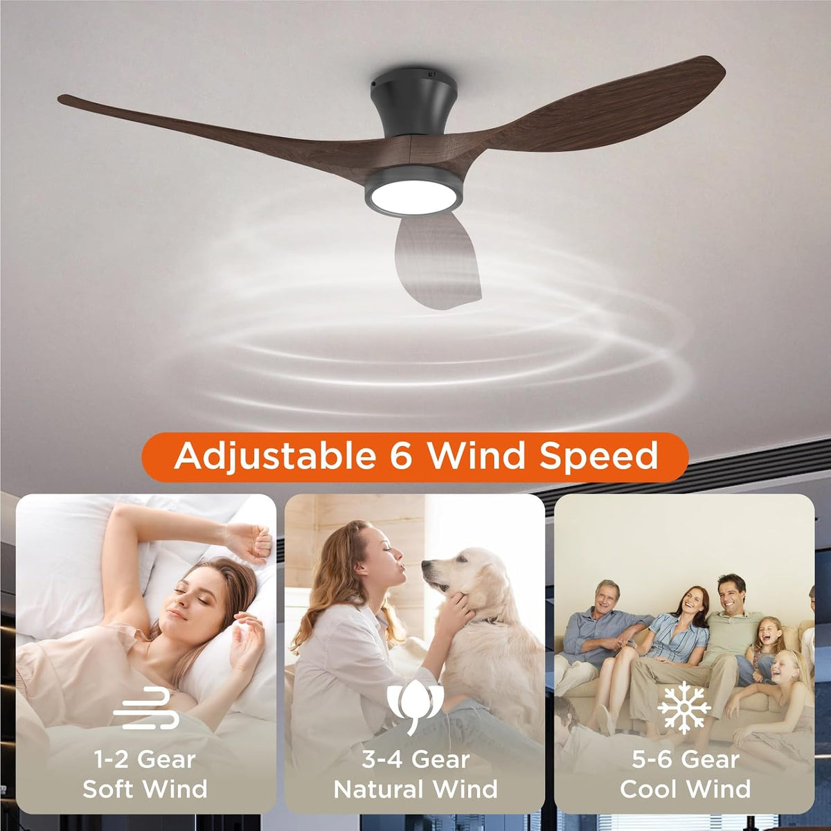 TALOYA 52 Inch Ceiling Fans with Led Lights Remote Control Flush Mount Low Pr...