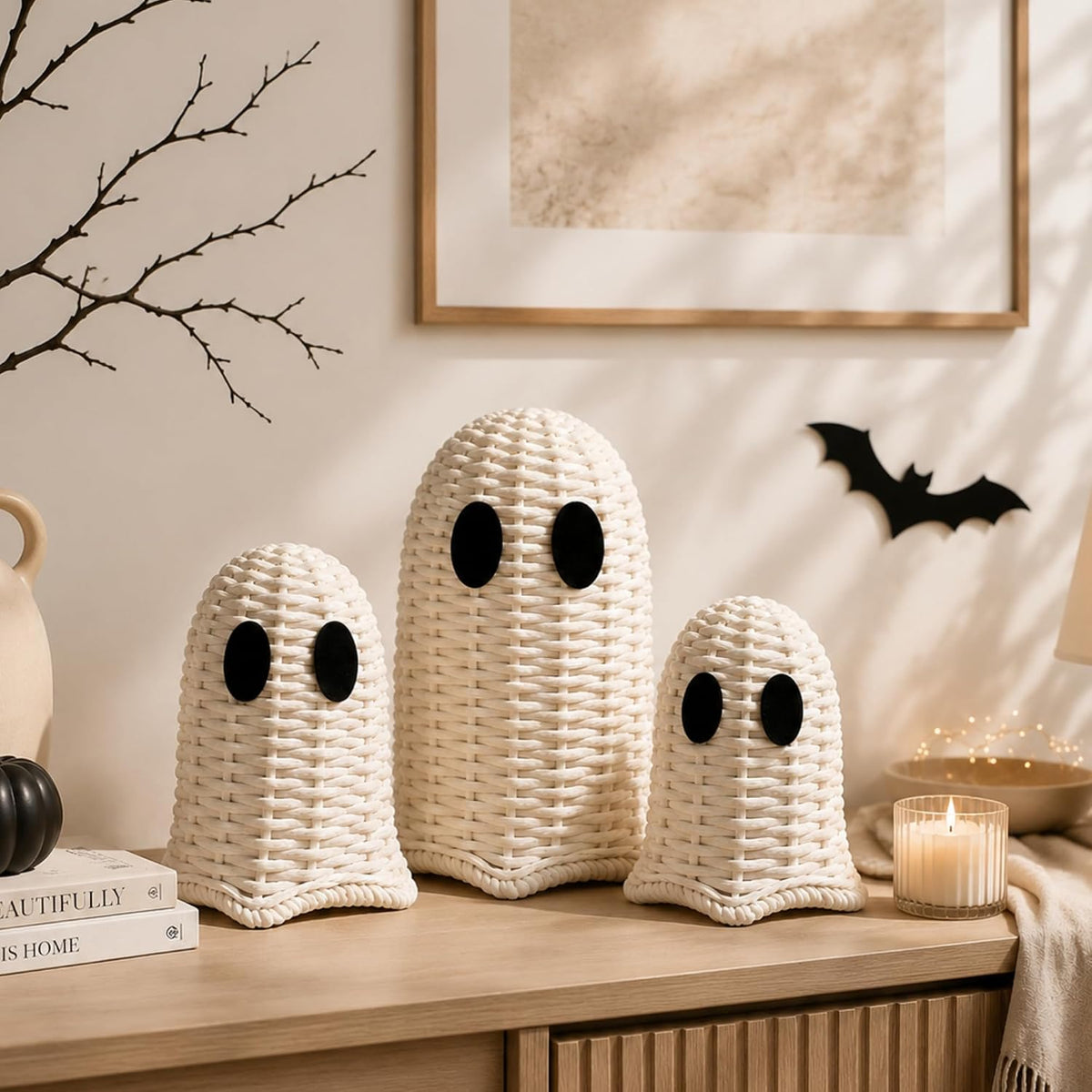 Geelin White 3 Pcs Halloween Rattan Wicker Ghosts Decoration Cute Farmhouse G...