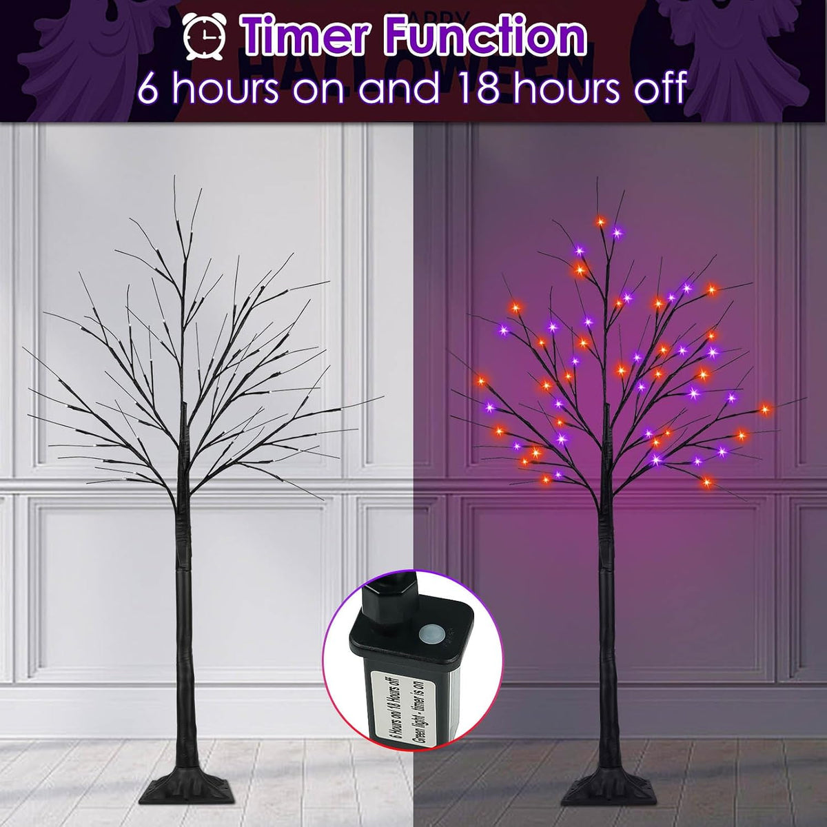 2 Pack 4FT Halloween Lighted Black Tree with 100 LED Orange & Purple Lights