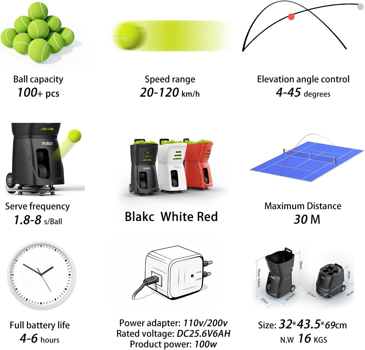 PT-SAMRT-Professional Tennis Ball Machine with App Control - 100+ Ball Capaci...
