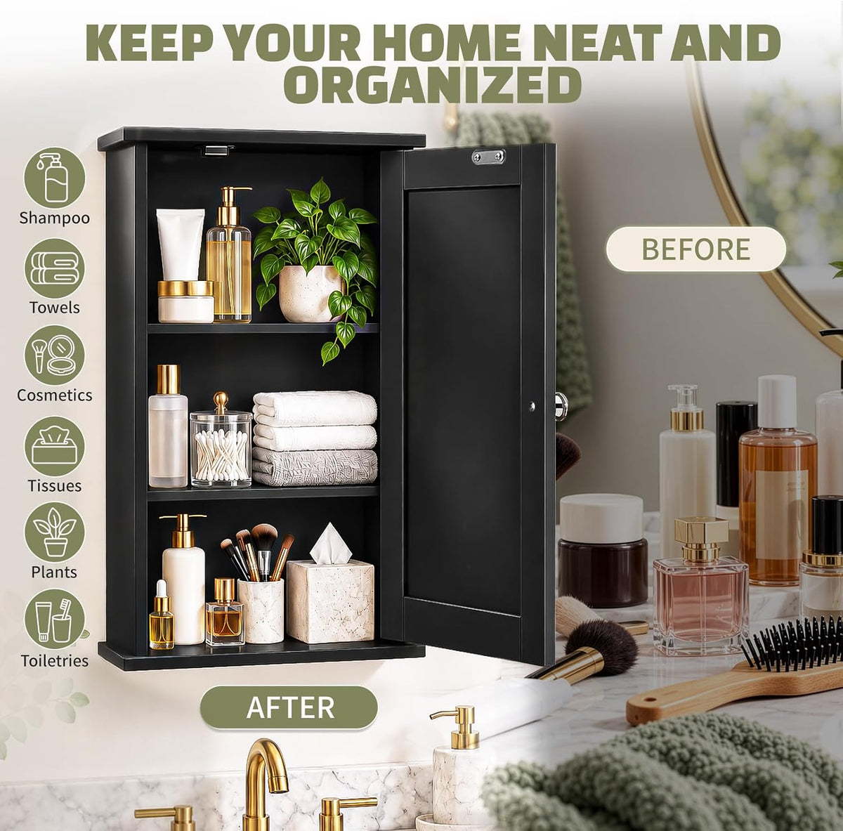 Karl home Black Wall Mounted Medicine Cabinet, Single Mirror Bath Storage