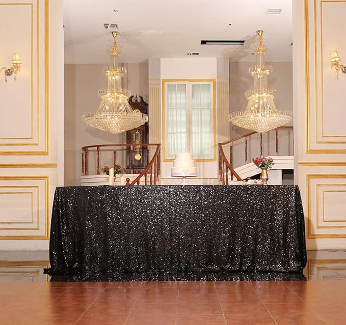SquarePie Sequin Tablecloth 60 x 120 Inch Black Sparkly Table Linen for Hallo...