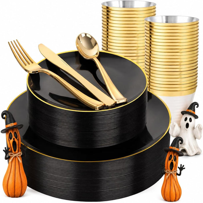 WDF 150PCS Black Plastic Plates - Black and Gold Halloween Plates Disposable - 25 Guest Disposable Dinnerware Sets for Party/Wedding/Halloween