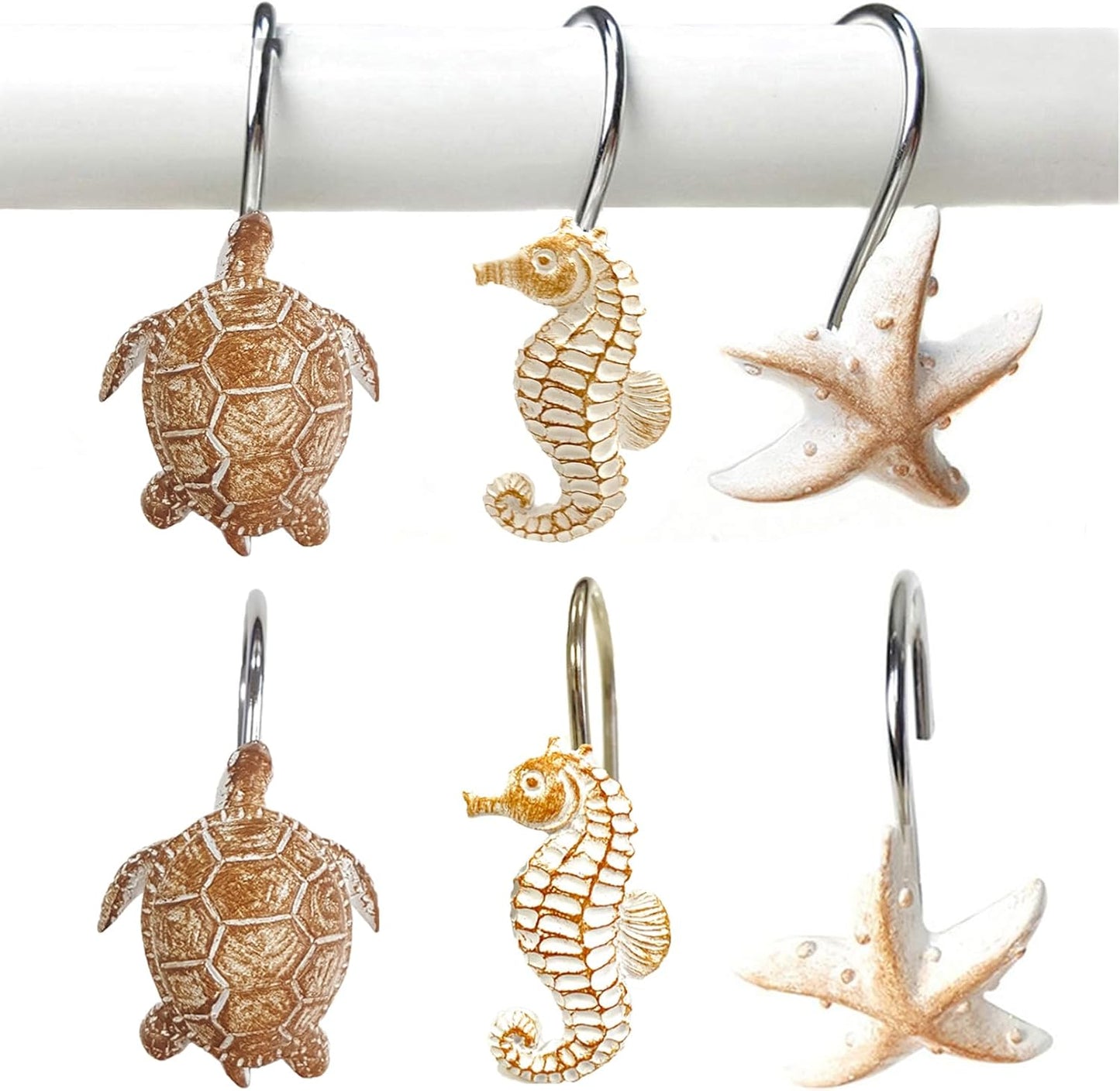 YUKUNTANG Seashell Shower Curtain Hooks, 12 Pcs Anti Rust Decorative Resin Shower Curtain Rings for Bathroom Bedroom Baby Room Decoration (Brown Seashell 5)