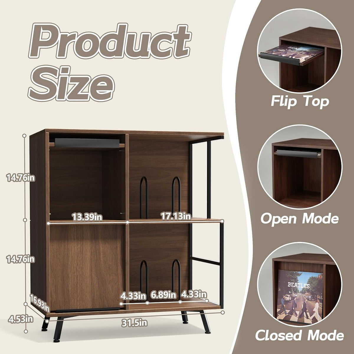 Faesun 3 Tier Record Player Stand with Flip-Down Record Shelf, Walnut