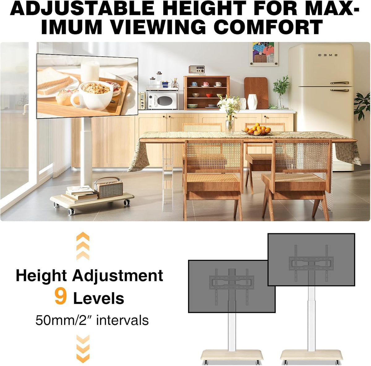 TVON Rolling TV Stand for 32-70 Inch TVs๏ผElegant Floor TV Stand with Wheels