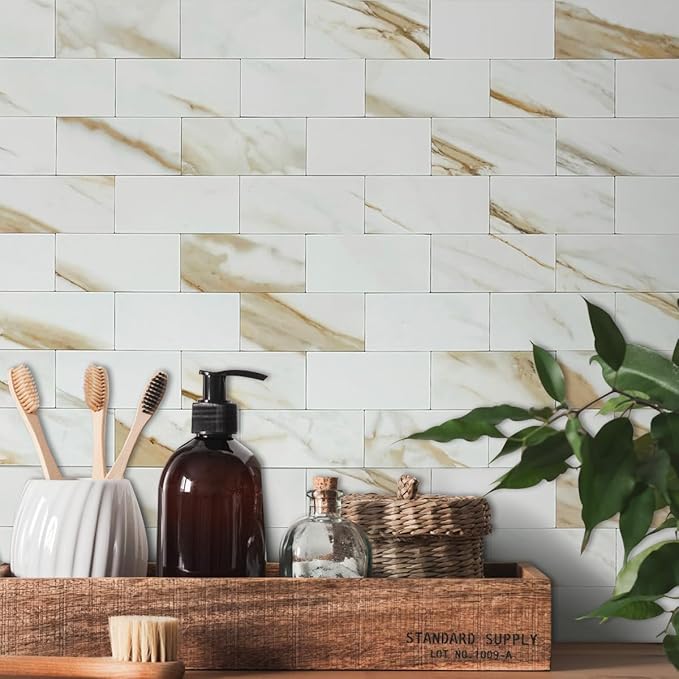 AULIGET 4-Piece Calacatta Gold Marble Look Peel and Stick Backsplash Wall Tiles - Image 8