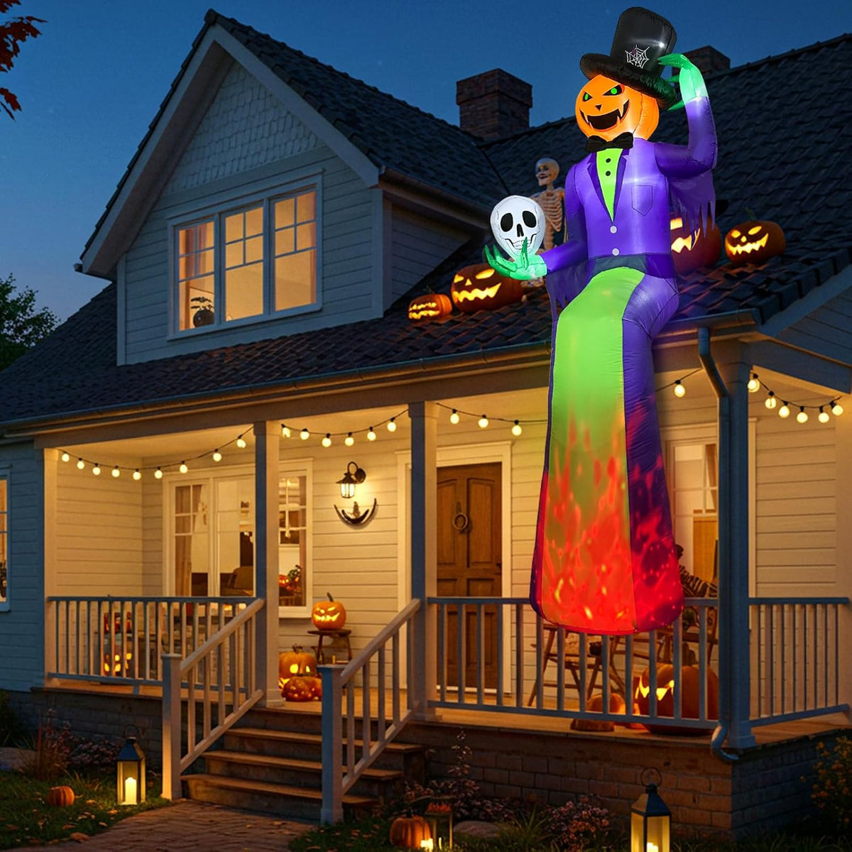 10FT Sitting Halloween Inflatable Pumpkin with Flame Light for Roof Decor