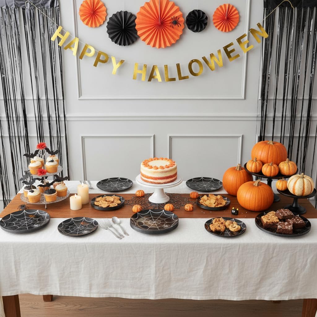 NOCCUR 60PCS Halloween Plastic Plates - 30 Black Dinner/Dessert Plates - Idea...