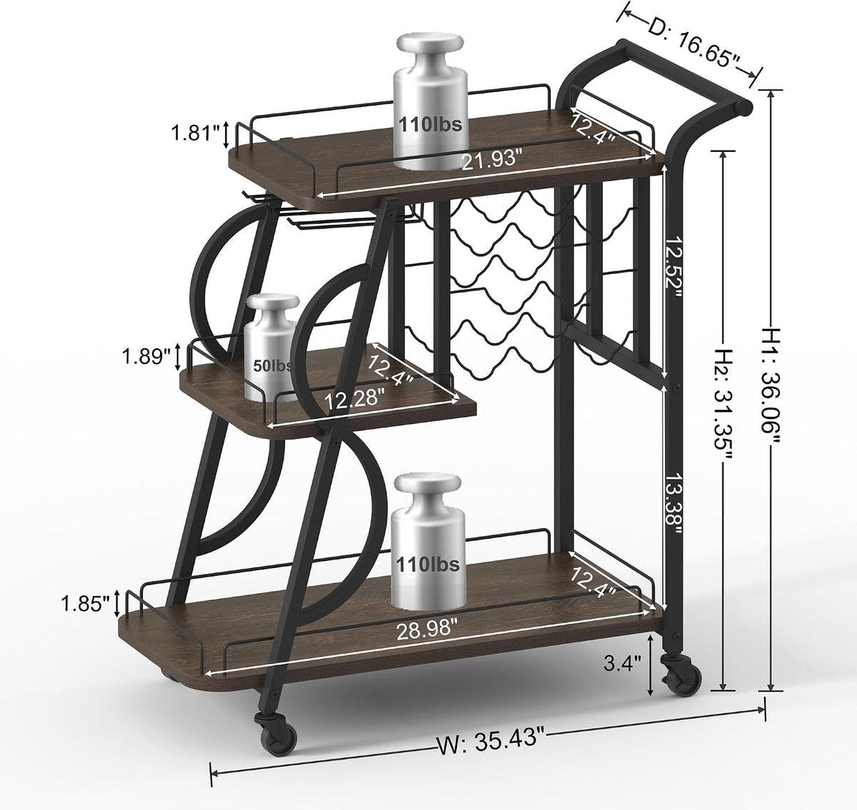 Rustic Bar Cart, 3 Tier Rolling Bar Carts for The Home, Industrial Home Servi...
