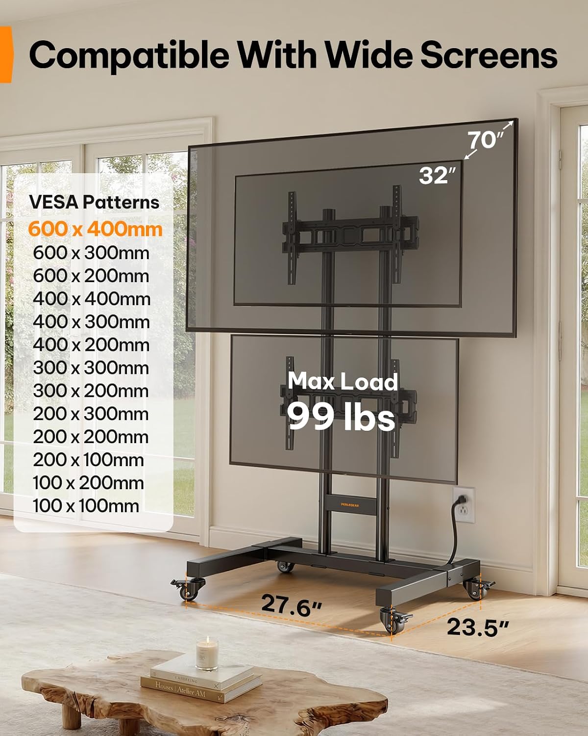 Perlegear Rolling TV Stand for 32โ70 Inch Dual Screens, Holds up to 99 lbs Ea...