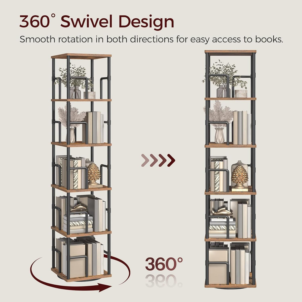 MAHANCRIS 5-Tier Rotating Bookshelf, Freestanding Corner Bookshelf, 360ยฐ Spin...