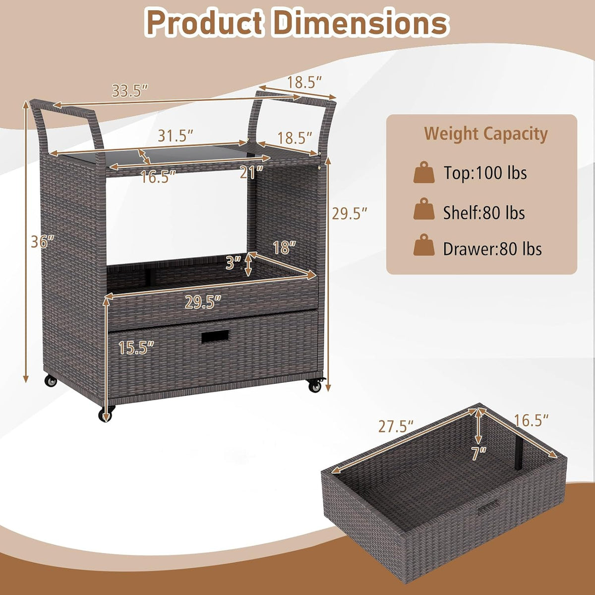 Tangkula Rolling Rattan Bar Cart,Bar Counter Table with Tempered Glass Top