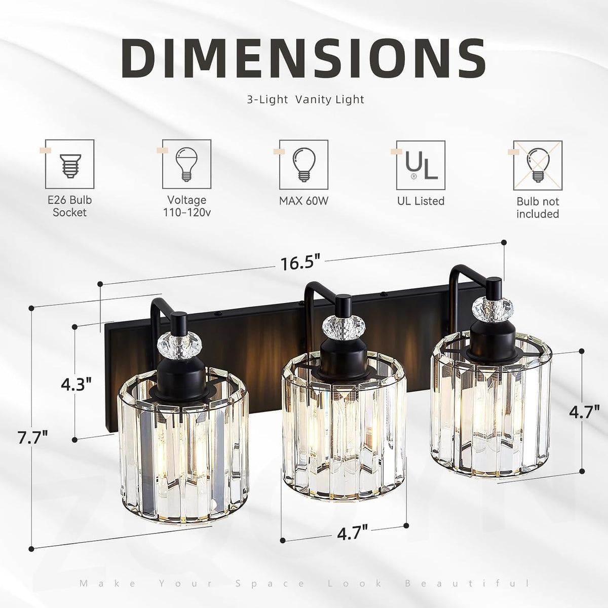 3-Light Black Bathroom Light Fixtures Over Mirror Modern Vanity Lights Crysta...