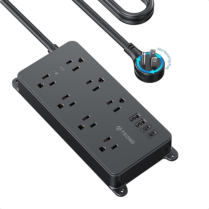 TROND 360° Rotating Plug Power Strip, ETL Listed, Flat Plug 10ft Extension Cord