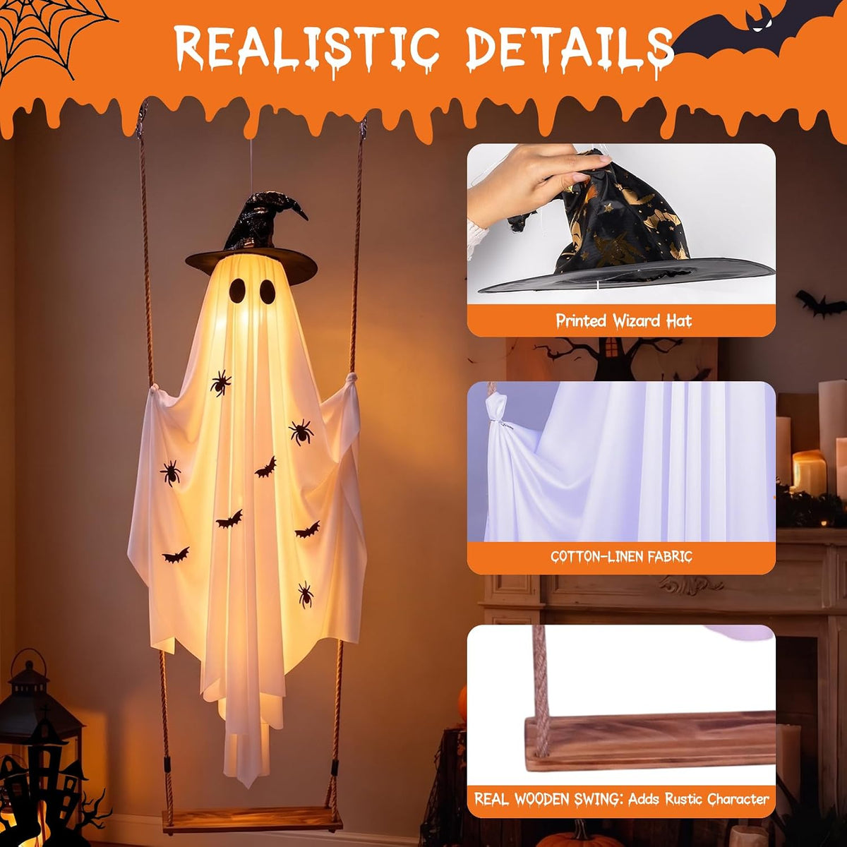 Halloween Decorations Outdoor, 5FT Lighted Swing Ghost Halloween Decoration w...