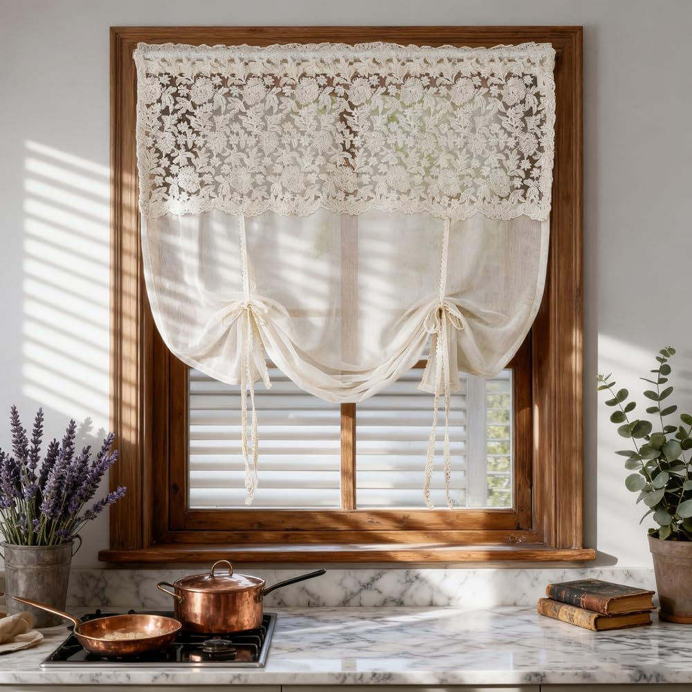 Floral Tie Up Curtains for Window, Adjustable Lace Balloon Shade | Crochet Lace Trim, Rod Pocket Light Filtering Sheer Curtain Panel for Kitchen Cafe Bathroom,1 Panel (Beige, W39 L39 inch)