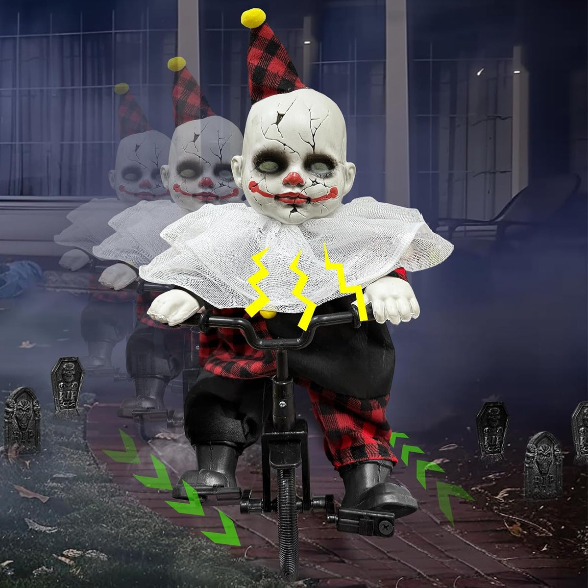 Halloween Animatronic 15.5โ Clown Ride on Bicycle Moving Back and Forth
