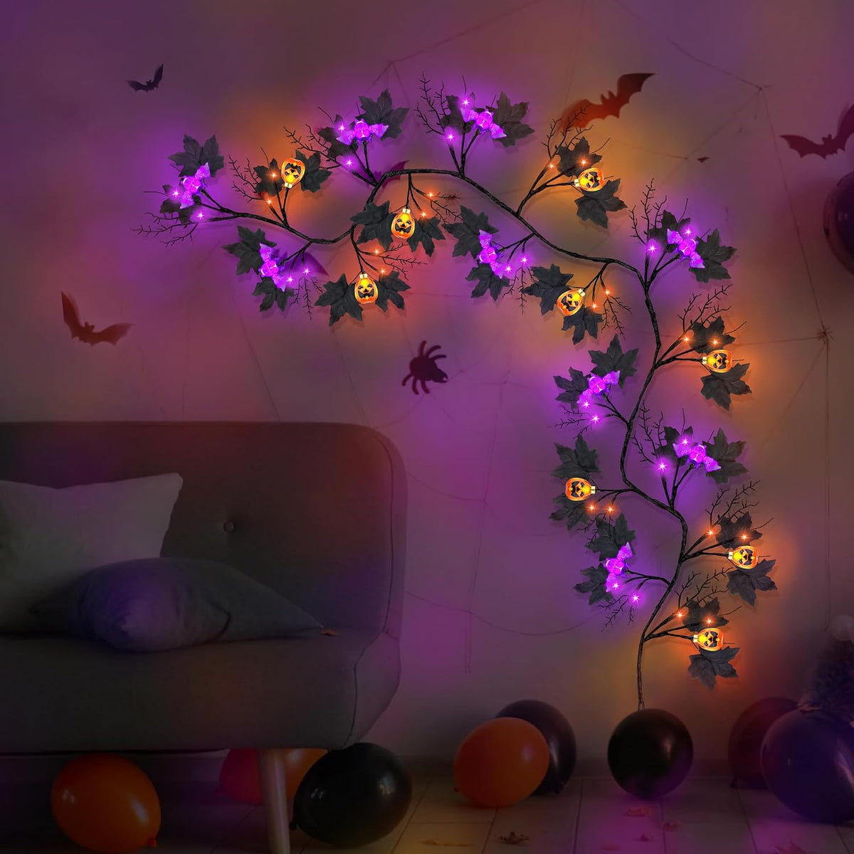 9FT 72 LED Halloween Willow Vine Twig Decor Black Halloween Garland with Pump...