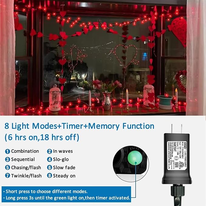 YEGUO 66ft 200 LED Red Halloween Lights Outdoor Waterproof, Green Wire Christ...