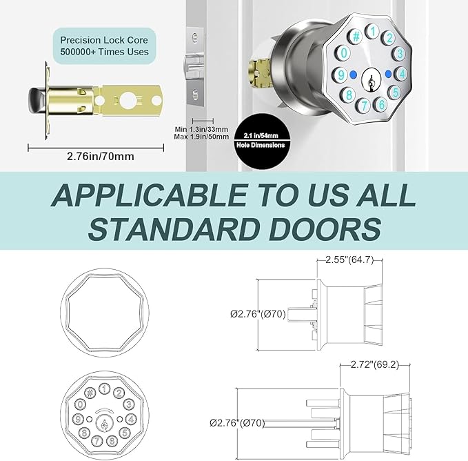 Smart Door Knob with Keypad and Key, Digital Door Lock with Keypad, Keyless - Image 6