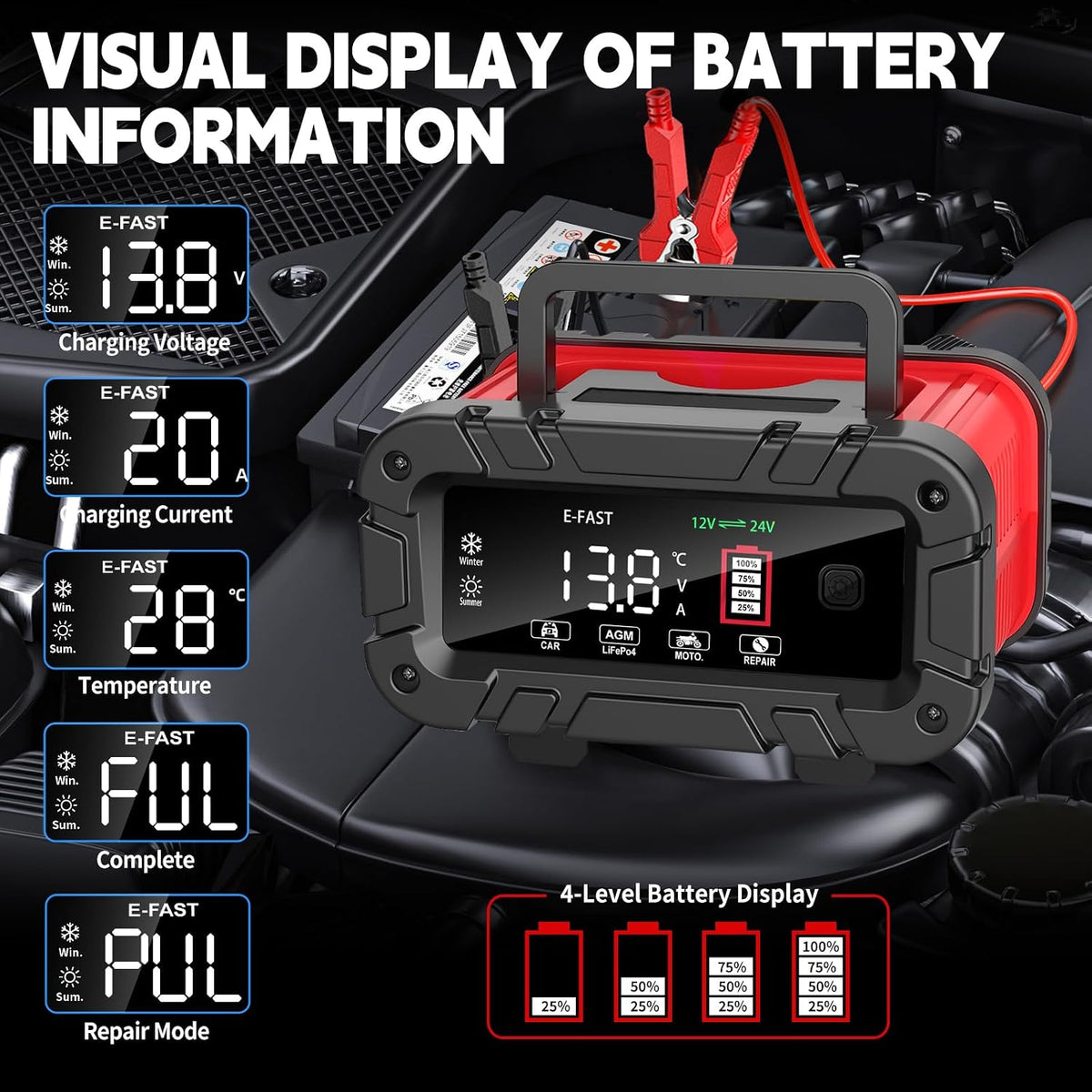 E-FAST Battery Charger 0-20A 12/24V Lifepo4 Lead Acid Automatic Smart Car Bat...
