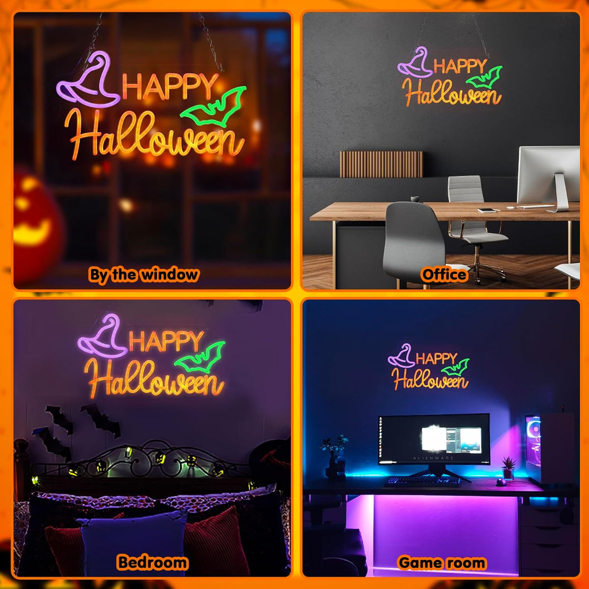 Qmetalart Happy Halloween Neon Sign, USB Powered LED Wall Decor