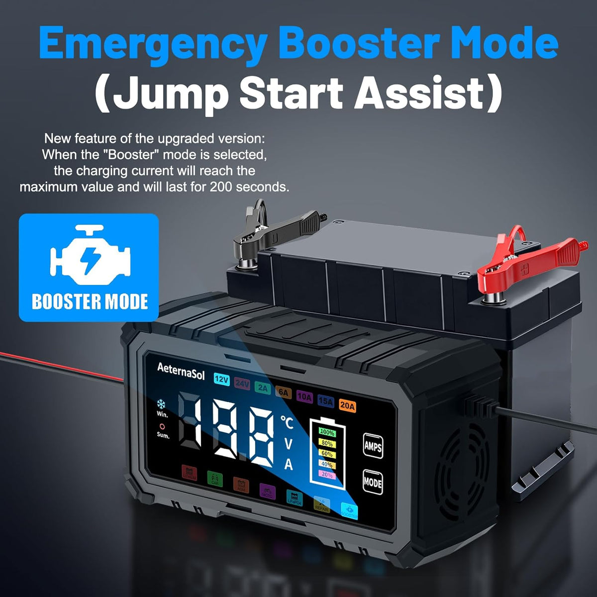 20A Smart Car Battery Charger, 12V/24V Trickle Charger Maintainer (Black)