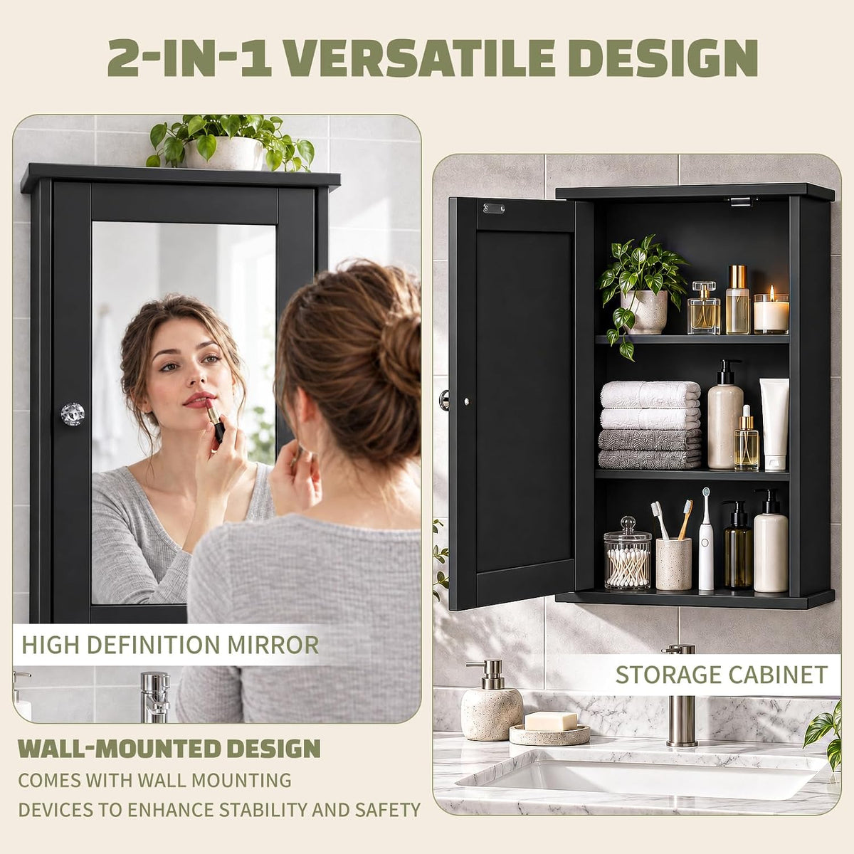 Karl home Black Wall Mounted Medicine Cabinet, Single Mirror Bath Storage
