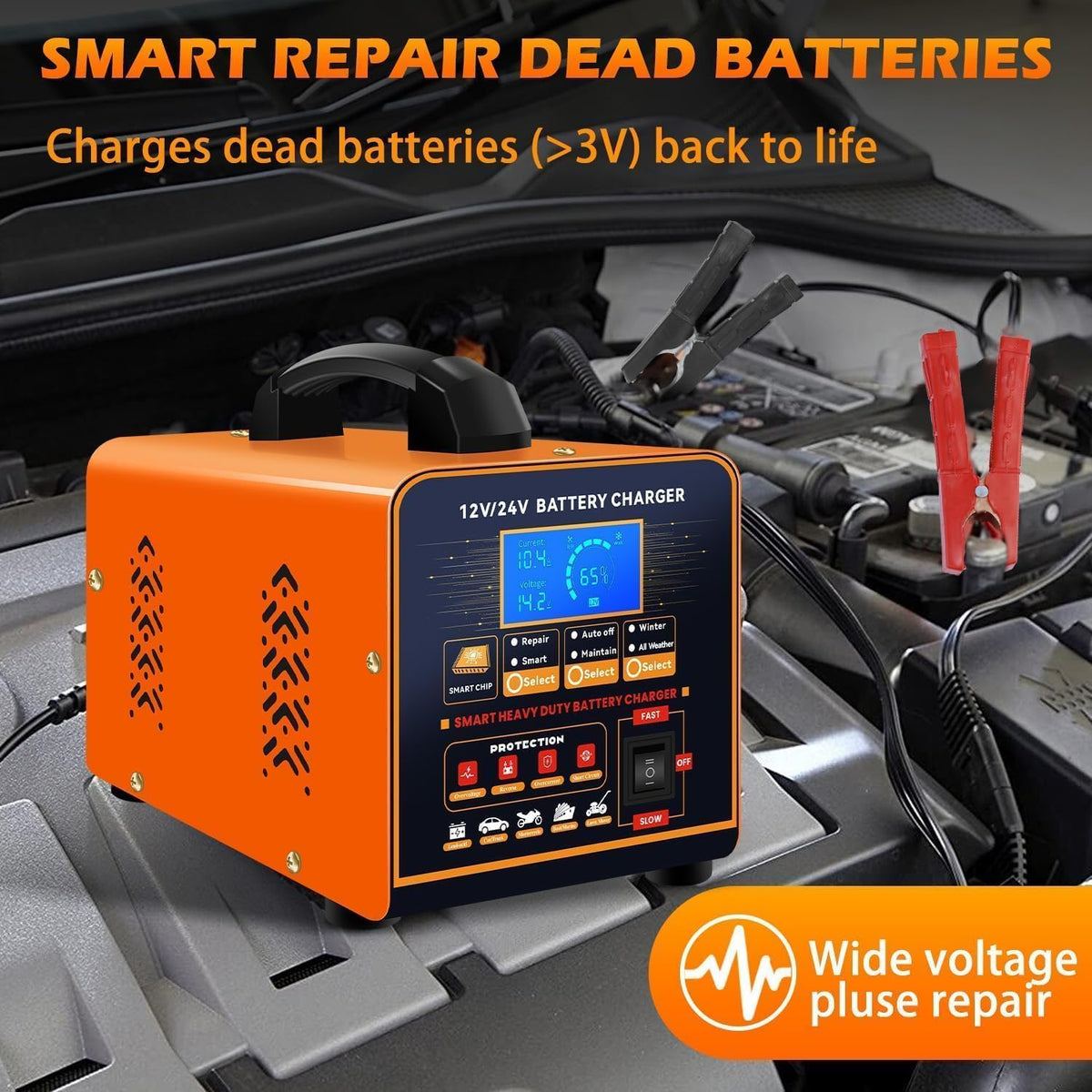 SolaMr 12V 24V Heavy Duty Car Battery Charger, 0-20A Automatic Trickle Charge...
