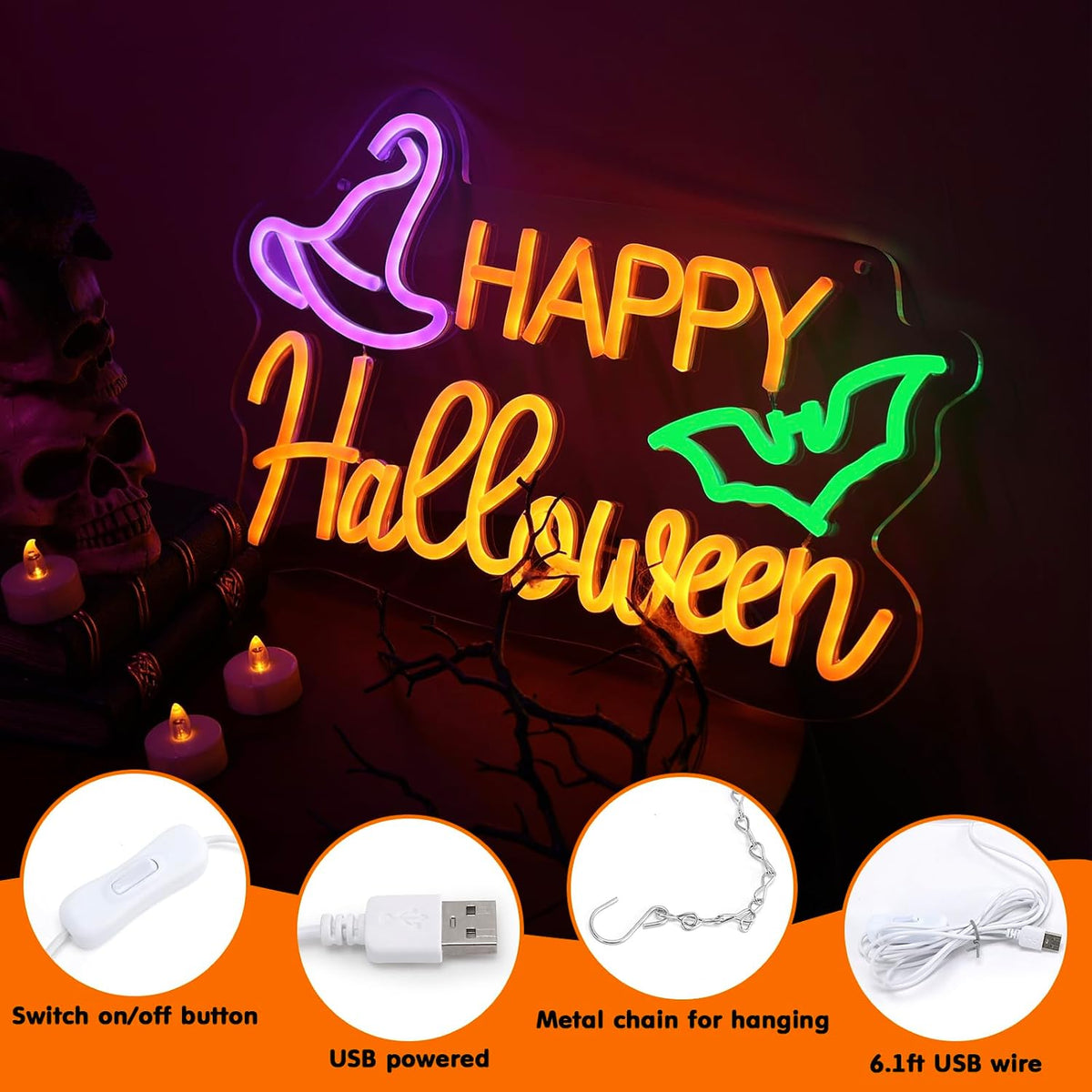 Qmetalart Happy Halloween Neon Sign, USB Powered LED Wall Decor