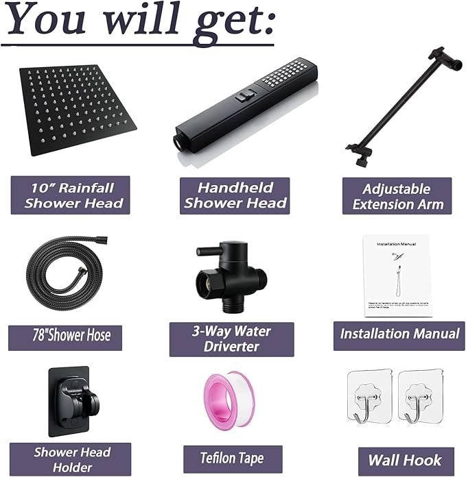 10" High Pressure Square Rainfall Shower Head and 2-in-1 Hand Shower, Rainfall - Image 7
