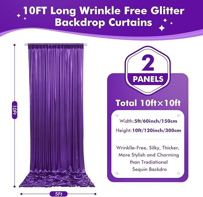 10ftx10ft Shimmer Purple Sequin Backdrop Curtain for Parties, Thick Wrinkle F...
