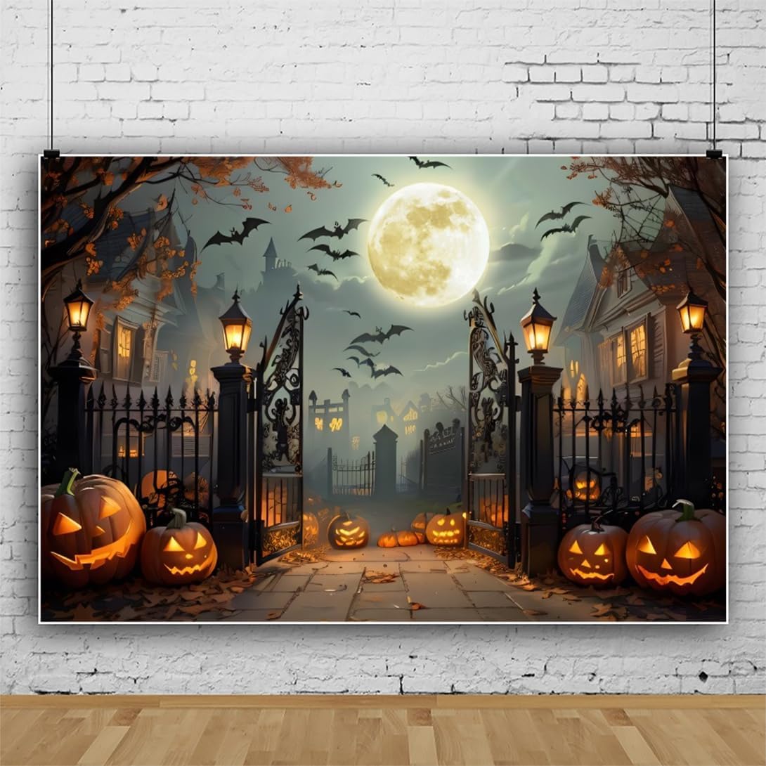 12x8ft Halloween Backdrop Scary Full Moon Night Pumpkin Ghost Castle Hallowee...