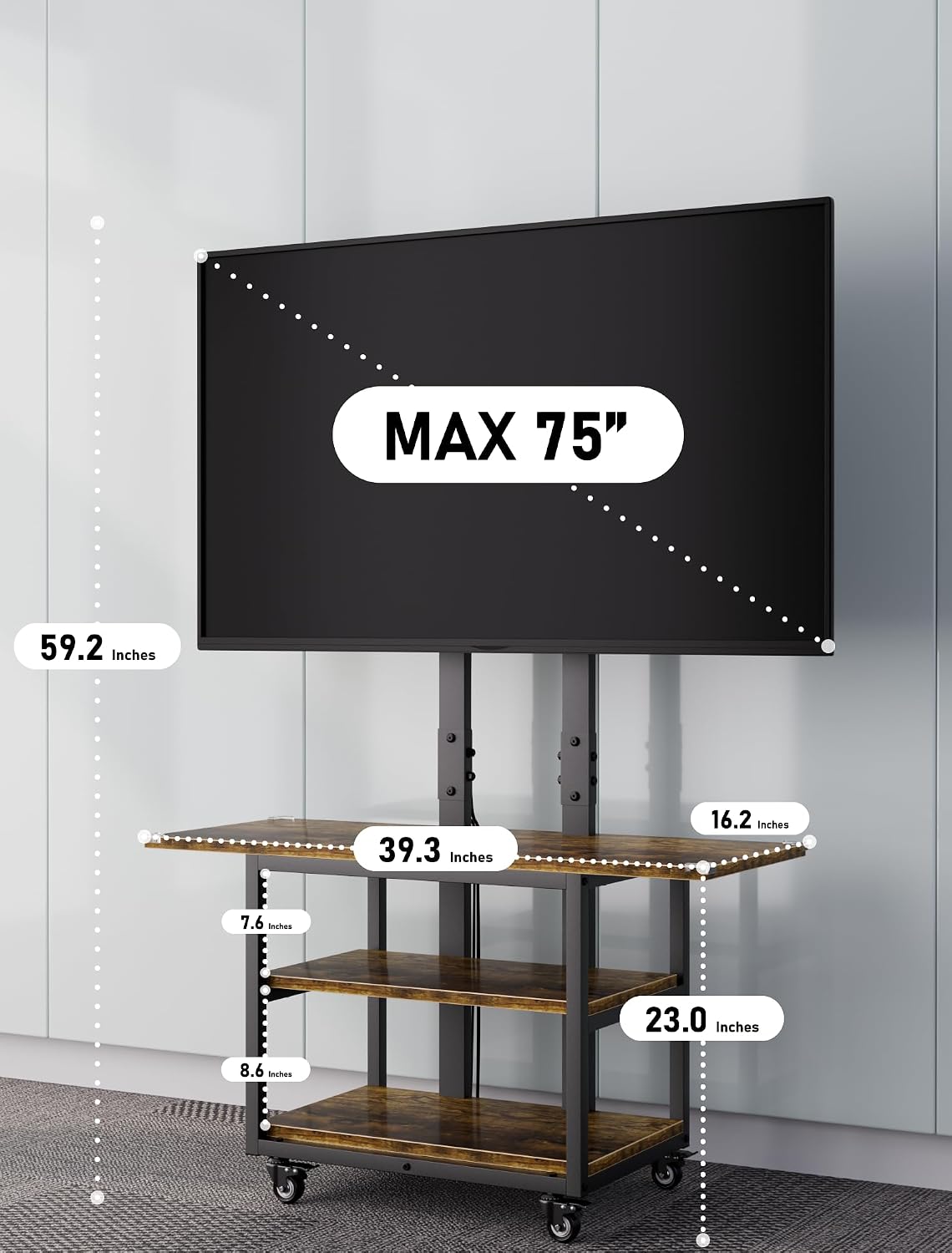 Heavy Duty Mobile TV Cart with 3-Tier Shelves, Height Adjustable Rolling TV S...