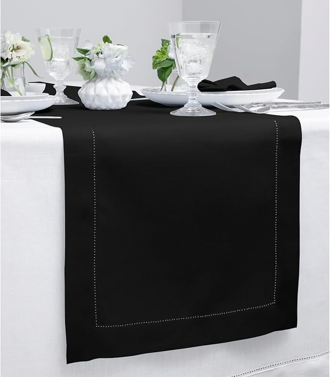 Solino Home Linen Black Table Runner 36 Inches - Classic Hemstitch, 100% Pure...