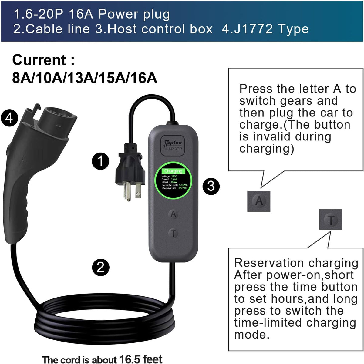 1+2 EV Charger Level Portable Electric Car Charger 6-20P 16A Power Plug 3.5KW...