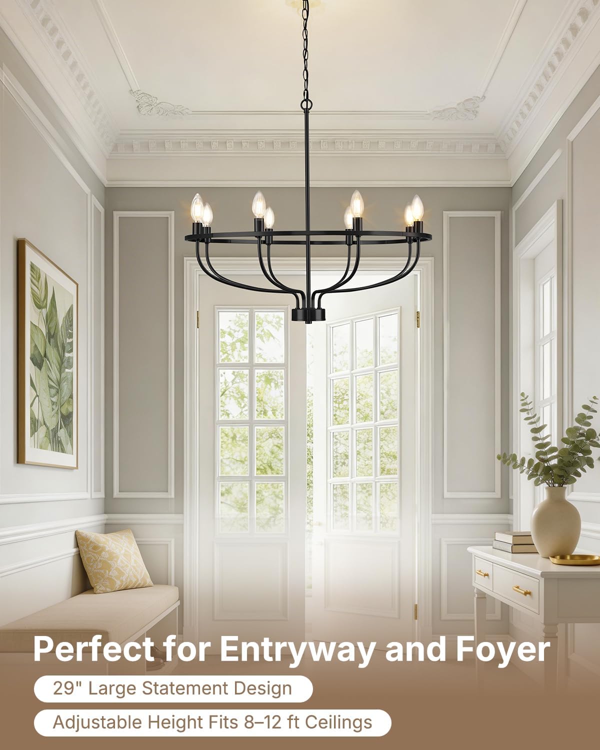 Yunnix 8 Light Black Chandelier for Dining Room Light, 30 Inch Round Large Ca...
